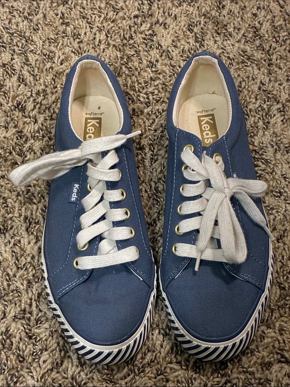 Keds Navy Canvas Sneakers with White Laces and Striped Toe